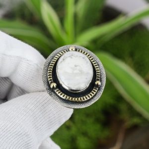 Shop Howlite Rings! Howlite Ring 925 Sterling Silver Ring Adjustable Ring 18K Gold Plated Natural Gemstone Ring Handmade Designer Jewelry Brand New Ring | Natural genuine Howlite rings, simple unique handcrafted gemstone rings. #rings #jewelry #shopping #gift #handmade #fashion #style #affiliate #ad
