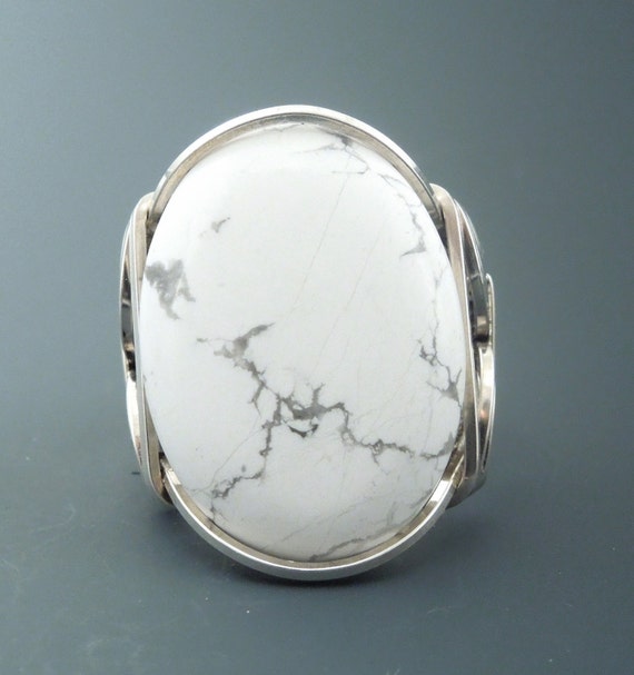 Handcrafted Sterling Silver Large Howlite Cabochon Wire Wrapped Ring