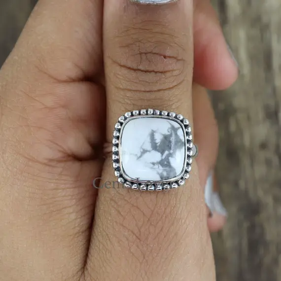 Howlite Ring, Sterling Silver Ring, White Howlite Cushion Ring, Statement Ring, White Stone Ring, Women Gift Ring, Gemstone Silver Ring