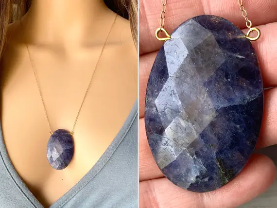 Iolite Necklace, Raw Iolite Crystal Necklace, Black Blue Iolite Jewelry, Gold Or Silver Iolite Pendant Necklace, Stone Necklace Actual Stone