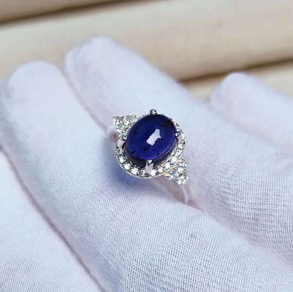 Natural Iolite Halo Ring, Oval Iolite Ring, Iolite Cabochon Ring, 925 Sterling Silver Ring, Oval Iolite Cabochon Ring, Hand Made Ring