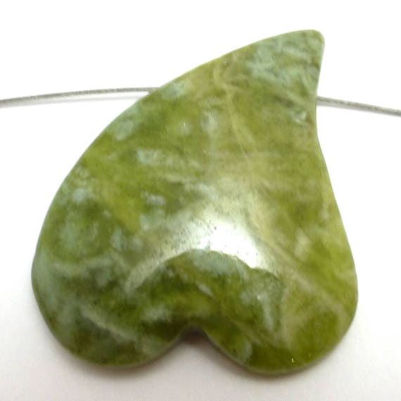 Olive Green Jade Bead Cabochon Heart Shaped Focal Bead Ready For Your Diy Necklace Project. This Is A Lovely Bead Chinese Jade