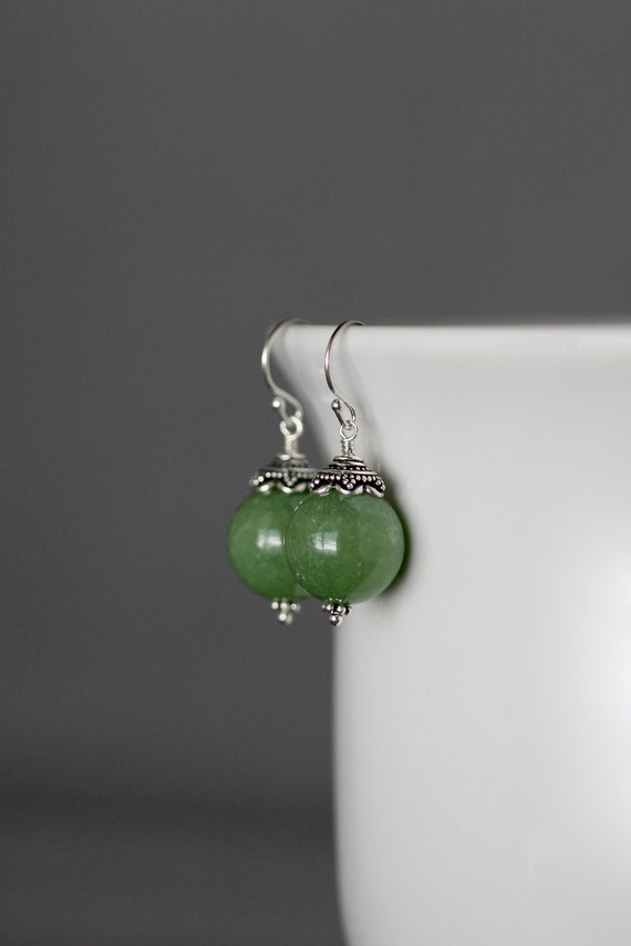 Green Jade Earrings - Green Gemstone Earrings - Bali Silver Earrings - Wire Wrapped Earrings - Statement Earrings
