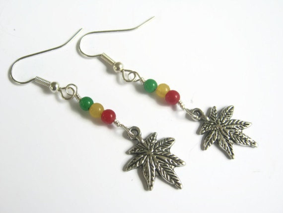 Rasta Pot Leaf Earrings, Jade Rastafarian Earrings, Marijuana Earrings, Rasta Jewelry, Boho Earrings, Red Gold & Green Earrings, 420 Hippie