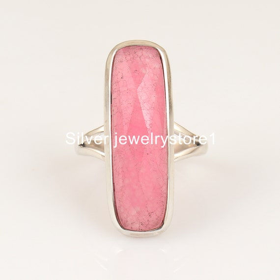 Pink Jade Ring , Rectangle Shape Stone Ring , 925 Sterling Silver Ring , Handmade Gemstone Silver Ring , Women Ring Gift Ideas