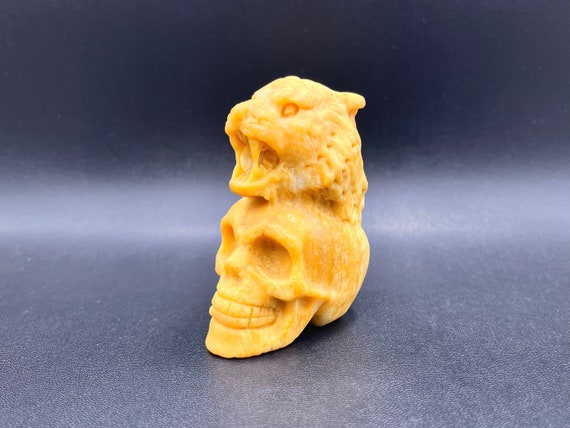 3.2" Yellow Jade Skull With Tiger Hand Carved Crystal Skull Tiger Skull Sculpture Crafts Decor Stone Healing Meditation Reiki Sk
