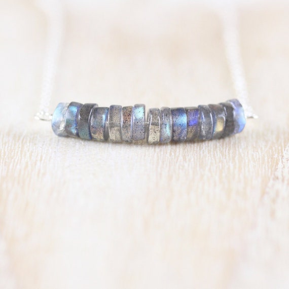 Labradorite Bar Necklace, Blue Flash Gemstone Dainty Heishi Bead Choker In Sterling Silver, Gold Or Rose Gold Filled, Delicate Boho Jewelry