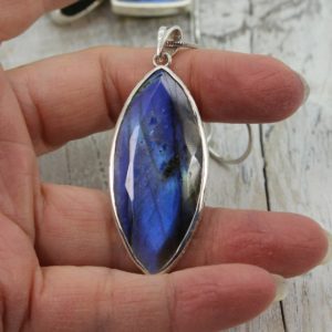 Shop Labradorite Pendants! Amazing Marquise Shape Indigo Blue Color Labradorite Pendant With All Over Blue Flashes Colors In The Stone, Simple Style Silver Bail | Natural genuine Labradorite pendants. Buy crystal jewelry, handmade handcrafted artisan jewelry for women.  Unique handmade gift ideas. #jewelry #beadedpendants #beadedjewelry #gift #shopping #handmadejewelry #fashion #style #product #pendants #affiliate #ad