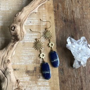 Shop Lapis Lazuli Earrings! Lapis and brass sunburst earrings | Natural genuine Lapis Lazuli earrings. Buy crystal jewelry, handmade handcrafted artisan jewelry for women.  Unique handmade gift ideas. #jewelry #beadedearrings #beadedjewelry #gift #shopping #handmadejewelry #fashion #style #product #earrings #affiliate #ad