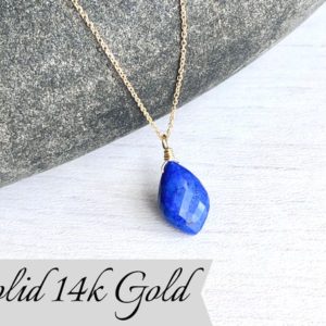 Shop Lapis Lazuli Pendants! Lapis Lazuli Necklace, September Birthstone, Navy Teardrop Pendant, Solid 14k Gold, Real Gold Jewelry, Minimalist Layering Gift, Real Gold. | Natural genuine Lapis Lazuli pendants. Buy crystal jewelry, handmade handcrafted artisan jewelry for women.  Unique handmade gift ideas. #jewelry #beadedpendants #beadedjewelry #gift #shopping #handmadejewelry #fashion #style #product #pendants #affiliate #ad