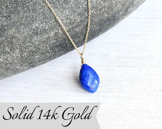 Lapis Lazuli Necklace, September Birthstone, Navy Teardrop Pendant, Solid 14k Gold, Real Gold Jewelry, Minimalist Layering Gift, Real Gold.