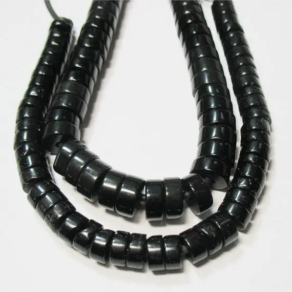 Large 2mm Hole Black Obsidian 10mm Heishi Beads 8" Strand Black Rondelle