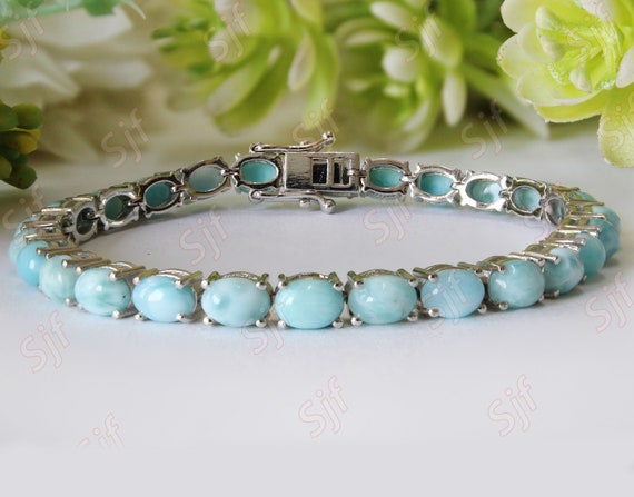 Larimar Women Bracelet, Oval 8x6mm Natural Cab Larimar Women Tennis Bracelet With Gb Lock, Beautiful Silver Ready To Ship Jewelry For Gift..