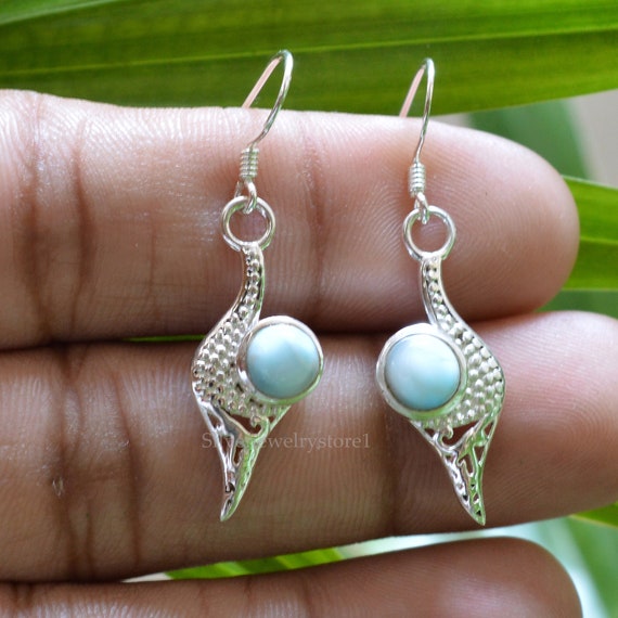 Natural Larimar Earrings, 925 Sterling Silver Earrings,larimar Round Gemstone Earrings,silver Earrings,larimar Gemstone Jewelry Earrings