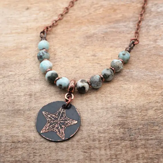 Copper Starfish Necklace With Light Blue Larimar Beads, Etched Metal Star Fish Jewelry, Ocean Theme, 19 1/2 Inches Long