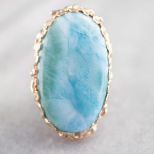 Shop Larimar Rings! Vintage Larimar Cocktail Ring, Yellow Gold Larimar Ring, Large Cabochon Ring, Larimar Jewelry, Statement Ring, Birthday Gift Z3VVZF39 | Natural genuine Larimar rings, simple unique handcrafted gemstone rings. #rings #jewelry #shopping #gift #handmade #fashion #style #affiliate #ad