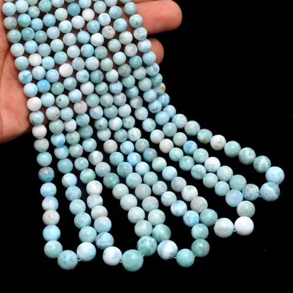 Natural Larimar Gemstone 6mm-10mm Smooth Round Loose Beads | Larimar Semi Precious Gemstone Loose Round Beads For Jewelry | 16inch Strand