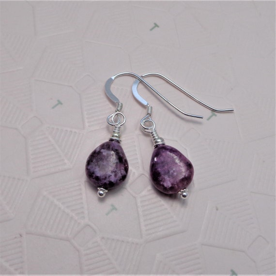 Sterling Silver Gems Lepidolite Drop Earrings, Handmade Natural Purple Gemstone Earrings, Heart Chakra Jewellery, Birthday Gift For Her.