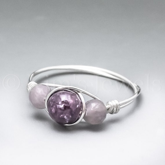 Dark & Light Lepidolite Sterling Silver Wire Wrapped Gemstone Bead Ring - Made To Order, Ships Fast!