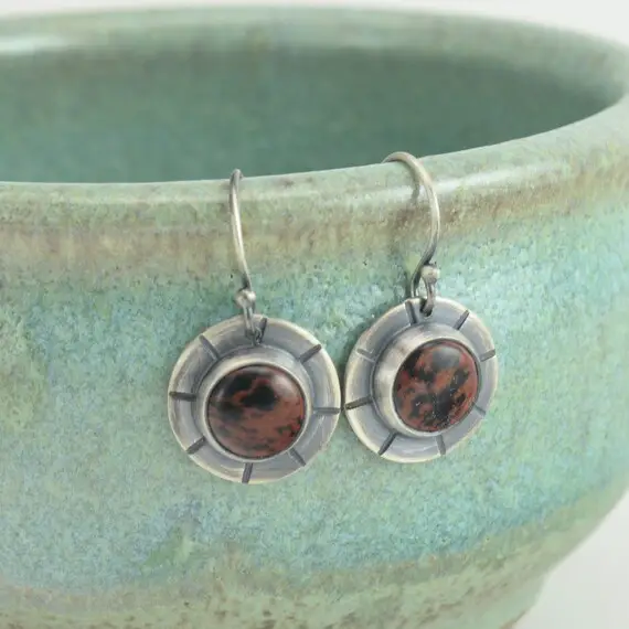 Mahogany Obsidian Hammered Circle Sterling Silver Earrings