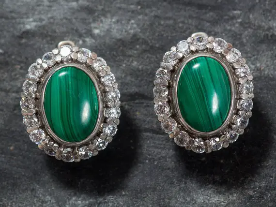 Large Malachite Earrings, Natural Malachite, Vintage Earrings, Green Malachite, Large Stone, Green Earrings, Silver Earrings, Malachite