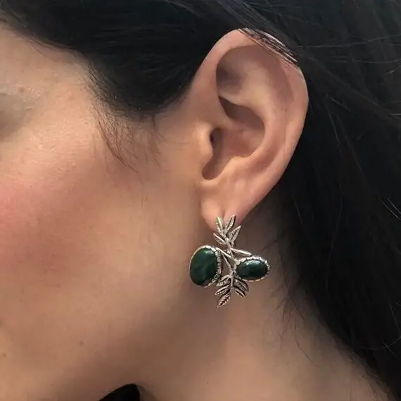 Leaf Earrings, Natural Malachite Earrings, Green Vintage Earrings, Green Stone Earrings, Inspirational Earrings, Natural Green Earrings