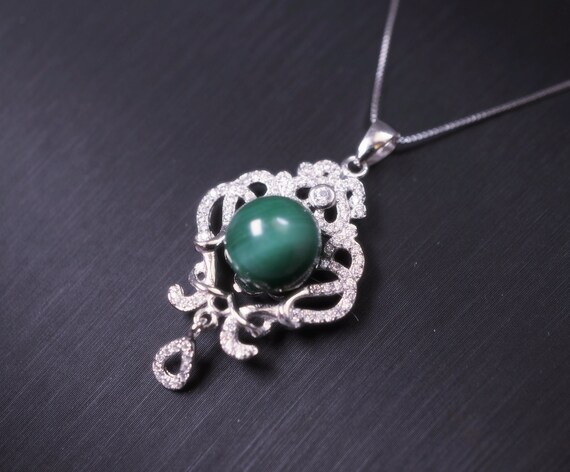 Malachite Necklace - Full 925 Sterling Silver High Quality - Natural Green Malachite Pendant - Silver Flower Tassel Luxury Malachite Jewelry