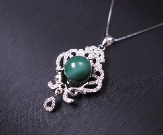 Malachite Necklace  925 Sterling Silver High Quality - Natural Green Malachite Pendant - Silver Flower Tassel  Malachite Jewelry #501