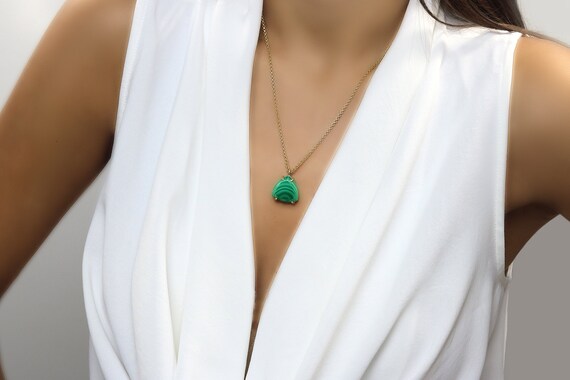 Unique Malachite Necklace · Gold Gemstone Pendant Necklace · Custom Cut Gemstone Necklace · Malachite Pendant · Trillion Necklace Gift