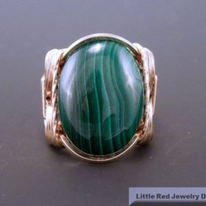 14 k Gold Filled Malachite Cabochon Wire Wrapped Ring | Natural genuine Gemstone rings, simple unique handcrafted gemstone rings. #rings #jewelry #shopping #gift #handmade #fashion #style #affiliate #ad