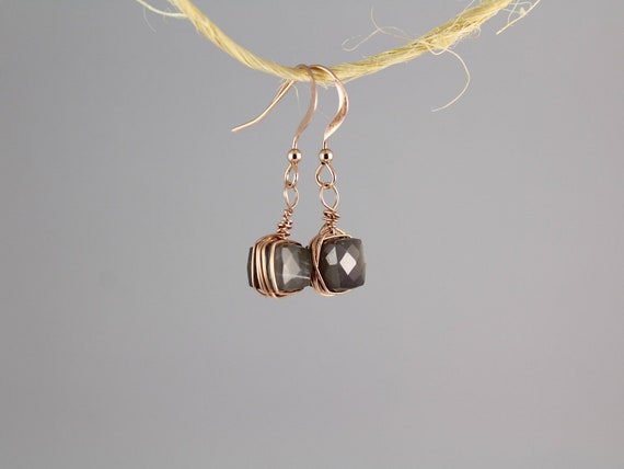 Moonstone Dangle Earrings, Moonstone Drop Earrings, Grey Moonstone Earrings Rose Gold, Tiny Rose Gold Earrings, Small Gemstone Earrings