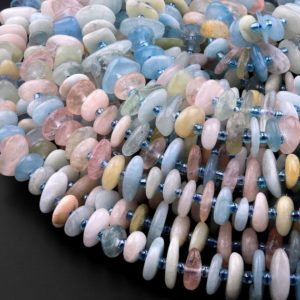 Shop Morganite Chip & Nugget Beads! Multicolor Pink Blue Green Aquamarine Morganite Beryl Smooth Freeform Disc Chip Beads 15.5" Strand | Natural genuine chip Morganite beads for beading and jewelry making.  #jewelry #beads #beadedjewelry #diyjewelry #jewelrymaking #beadstore #beading #affiliate #ad