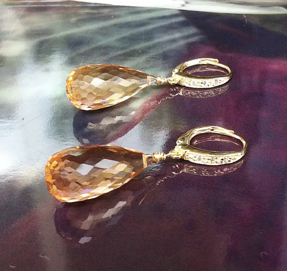 Morganite Earrings. Peach Morganite. Morganite Dangles. Pink Orange. Gold Pave Leverbacks. Statement Earrings. Luxury Jewelry