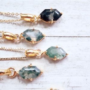 Moss Agate Necklace, Dainty Gemstone Necklace, Hexagon Crystal Pendant, Moss Agate Jewelry, Healing Stone Heart Chakra, Minimalist Layering | Natural genuine Moss Agate necklaces. Buy crystal jewelry, handmade handcrafted artisan jewelry for women.  Unique handmade gift ideas. #jewelry #beadednecklaces #beadedjewelry #gift #shopping #handmadejewelry #fashion #style #product #necklaces #affiliate #ad