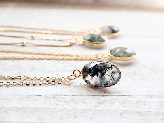 Moss Agate Necklace, Dainty Gemstone Necklace, Oval Crystal Pendant, Handmade Jewelry Gift, Healing Stone Heart Chakra,boho Layering For Her