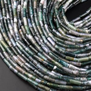 Natural Green Moss Agate Thin Long Tube Beads 15.5" Strand | Natural genuine other-shape Moss Agate beads for beading and jewelry making.  #jewelry #beads #beadedjewelry #diyjewelry #jewelrymaking #beadstore #beading #affiliate #ad