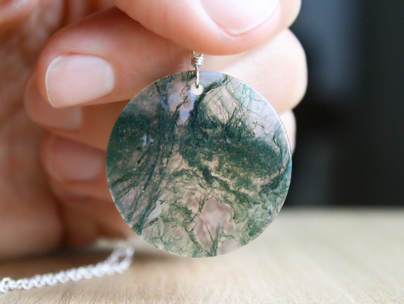 Moss Agate Necklace Sterling Silver . Circle Gemstone Necklace Pendant . Large Stone Necklace For Women
