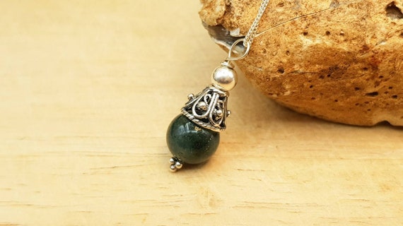 Small Minimalist Moss Agate Cone Pendant Necklace. 10mm Green Crystal Reiki Jewelry Uk. Virgo Jewelry. Bali Silver Necklaces For Women.