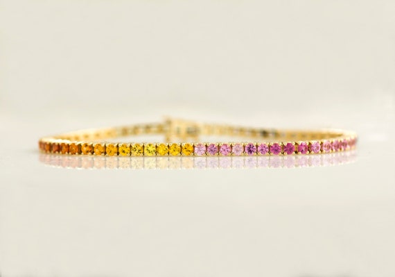 Multicolor Tennis Sapphire Bracelet, 14k/18k Yellow Gold, Tennis Bracelet, Rainbow Tennis Bracelet, Sapphire Bracelet, Ombre Tennis Bracelet
