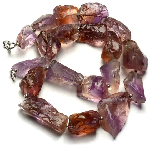 Natural Ametrine Necklace, Rough Unpolished Big Size Nuggets, 20 Inch Full Strand, 12 To 24mm Broad And 23 To 36mm Long Beads, Bicolor Gem