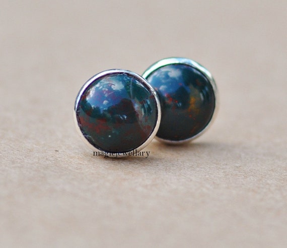 Natural Bloodstone Earrings, Bloodstone Studs Jewelry Handmade With Sterling Silver, 10mm Aries Birthstone, Bloodstone Studs, Gift For Her