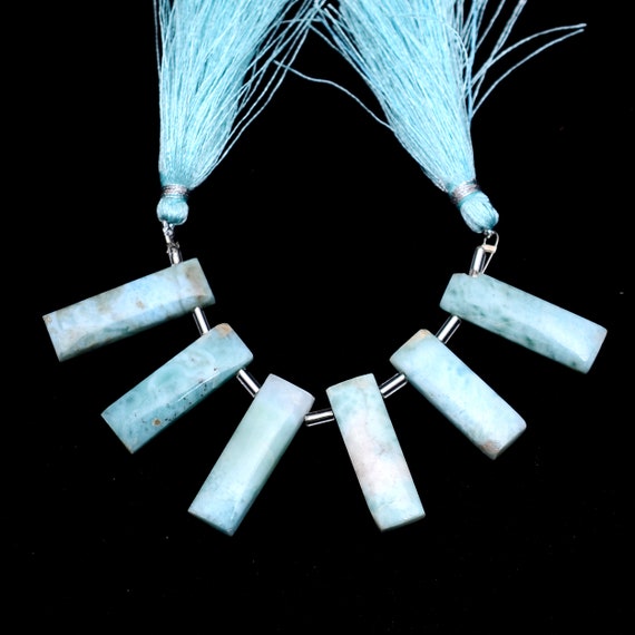 Natural Larimar Long Cuboid Smooth Fancy Beads | Rare Larimar Semi Precious Gemstone Rectangle Tube Loose Beads For Jewelry Making