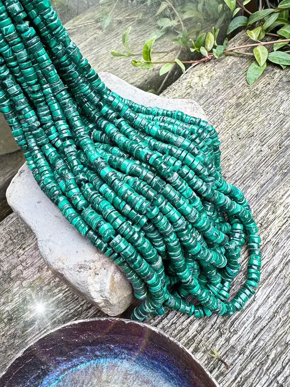 Natural Rustic Malachite Heishi Rondelle Beads Fabulous Tones 5mm Swirly Green Gemstone Beads