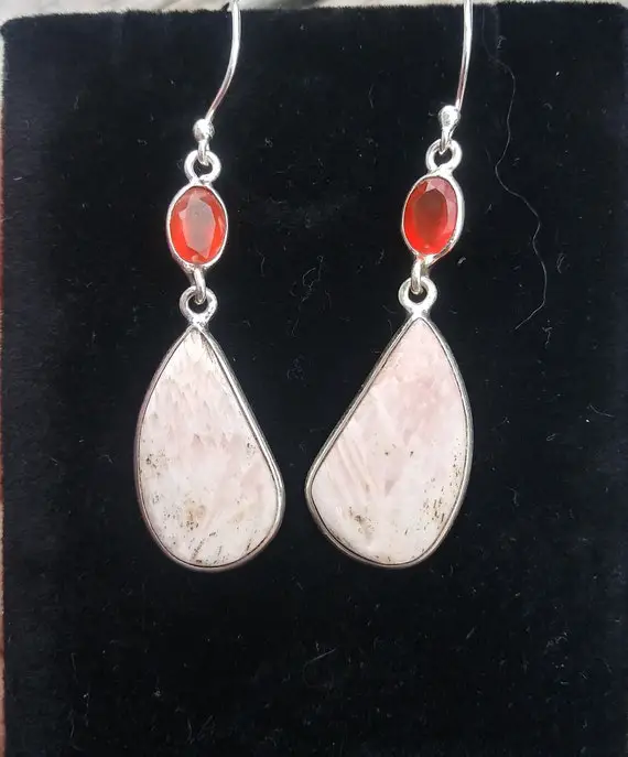 Natural Scolecite And Carnelian Gemstone 925 Sterling Silver Dangle Earrings