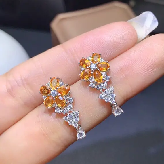 Natural Yellow Sapphire Earrings, September Birthstone, White Gold Plated Sterling Silver Earrings For Women, Engagement Wedding Earrings