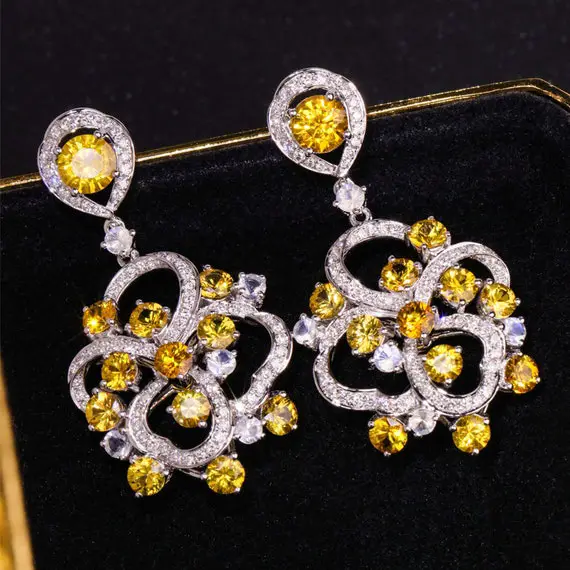 Natural Yellow Sapphire & White Diamond 18k Solid White Gold Handmade Yellow Sapphire Earrings, Wedding Earrings, White Diamond Earrings