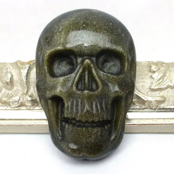 48 Carats Golden Sheen Obsidian Cabochon Skull Gold Sheer Opaque Handmade Carved Halloween Day Of The Dead Biker One Of A Kind Carving