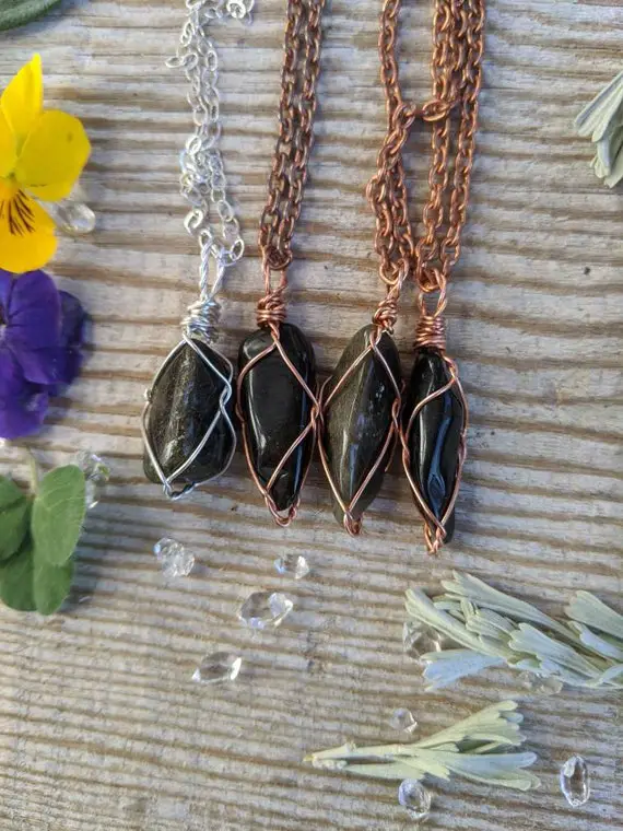 Small Sheen Obsidian Crystal Pendant, Sheen Obsidian Necklace, Natural Silver Sheen Obsidian Crystal Necklace, Black And Silver Copper Silv
