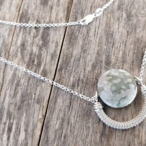 Shop Ocean Jasper Necklaces! Ocean Jasper Necklace. Sterling Silver Wire Wrapped Jewelry. Light Green Semi Circle Pendant. Half Moon Jewellery. Sterling Silver Chain | Natural genuine Ocean Jasper necklaces. Buy crystal jewelry, handmade handcrafted artisan jewelry for women.  Unique handmade gift ideas. #jewelry #beadednecklaces #beadedjewelry #gift #shopping #handmadejewelry #fashion #style #product #necklaces #affiliate #ad