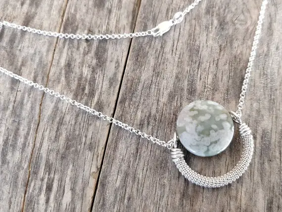 Ocean Jasper Necklace. Sterling Silver Wire Wrapped Jewelry. Light Green Semi Circle Pendant. Half Moon Jewellery. Sterling Silver Chain